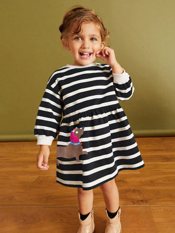 Girls Cartoon Dog & Stripe Print Long Sleeve Princess Dress, European & American Style, Spring & Autumn