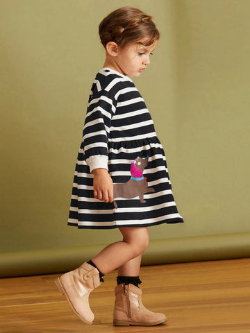 Girls Cartoon Dog & Stripe Print Long Sleeve Princess Dress, European & American Style, Spring & Autumn