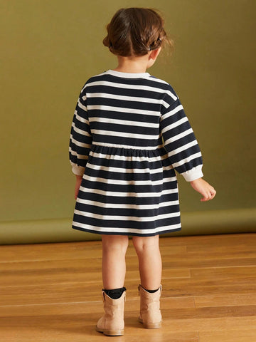 Girls Cartoon Dog & Stripe Print Long Sleeve Princess Dress, European & American Style, Spring & Autumn