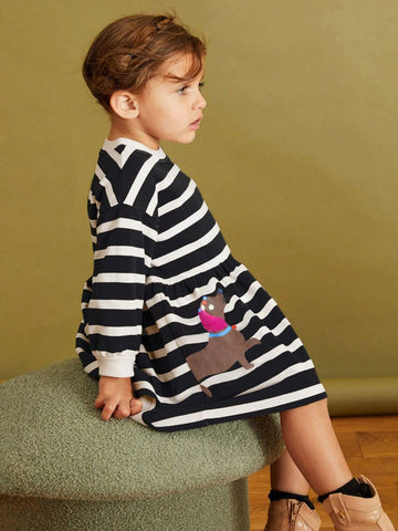 Girls Cartoon Dog & Stripe Print Long Sleeve Princess Dress, European & American Style, Spring & Autumn