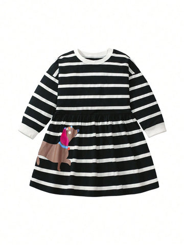 Girls Cartoon Dog & Stripe Print Long Sleeve Princess Dress, European & American Style, Spring & Autumn