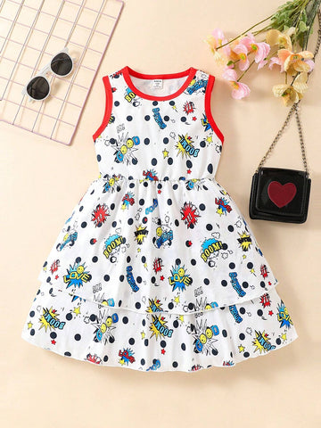Girls" Cartoon Graffiti Printed Sleeveless Vest Dress, Summer Casual Outfits For Girls