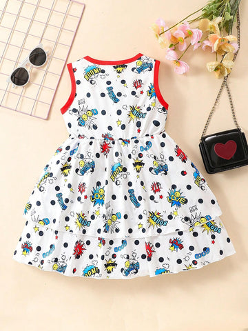 Girls" Cartoon Graffiti Printed Sleeveless Vest Dress, Summer Casual Outfits For Girls