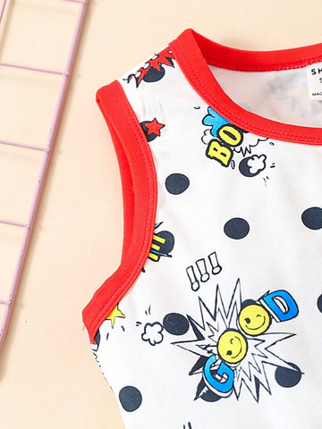 Girls" Cartoon Graffiti Printed Sleeveless Vest Dress, Summer Casual Outfits For Girls