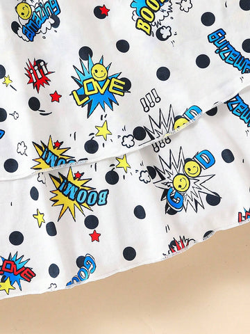 Girls" Cartoon Graffiti Printed Sleeveless Vest Dress, Summer Casual Outfits For Girls