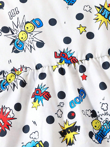 Girls" Cartoon Graffiti Printed Sleeveless Vest Dress, Summer Casual Outfits For Girls
