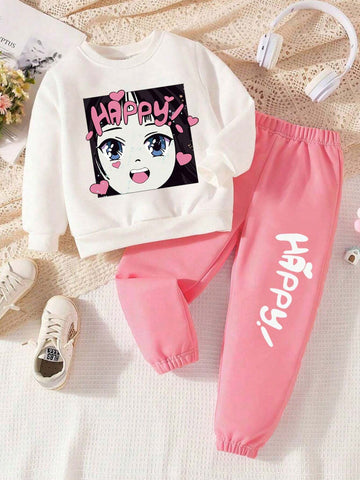 Girls' Cartoon Graphic Round Neck Fleece Sweatshirt Set