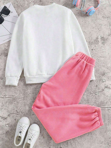 Girls' Cartoon Graphic Round Neck Fleece Sweatshirt Set