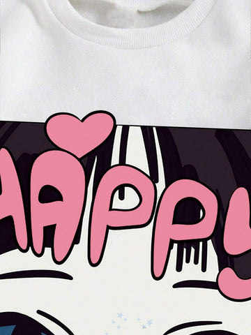 Girls' Cartoon Graphic Round Neck Fleece Sweatshirt Set