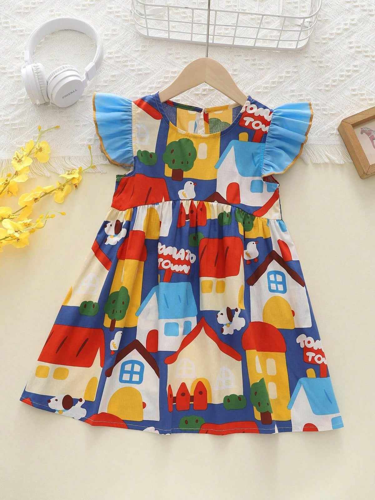 Girls Cartoon House Cap Sleeve Sundress, Round Neck Princess Dress, Summer Children Clothing