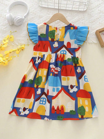 Girls Cartoon House Cap Sleeve Sundress, Round Neck Princess Dress, Summer Children Clothing