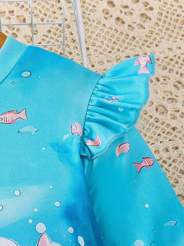 Girls Cartoon Mermaid Long Sleeve Princess Dress, Casual Cute Cap Sleeve Dress For Toddler & Young Girl, Spring Autumn