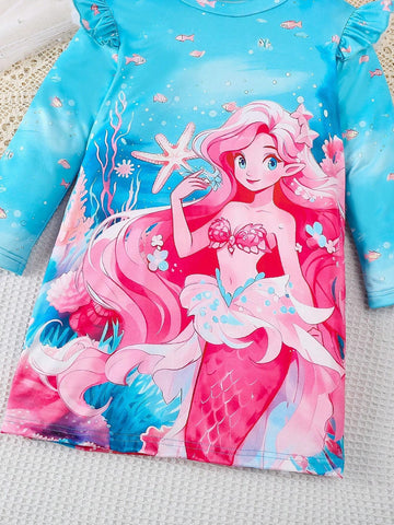 Girls Cartoon Mermaid Long Sleeve Princess Dress, Casual Cute Cap Sleeve Dress For Toddler & Young Girl, Spring Autumn