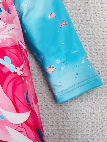 Girls Cartoon Mermaid Long Sleeve Princess Dress, Casual Cute Cap Sleeve Dress For Toddler & Young Girl, Spring Autumn