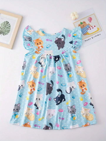 Girl's Cartoon Pattern Printed Casual Dress For Summer