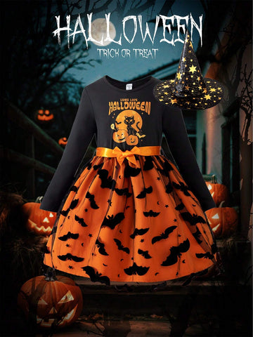 Girls Cartoon Print Contrast Mesh Panel Long Sleeve Casual Dress, Trendy Outfit For Spring & Autumn