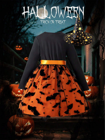 Girls Cartoon Print Contrast Mesh Panel Long Sleeve Casual Dress, Trendy Outfit For Spring & Autumn