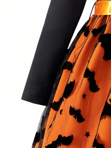 Girls Cartoon Print Contrast Mesh Panel Long Sleeve Casual Dress, Trendy Outfit For Spring & Autumn