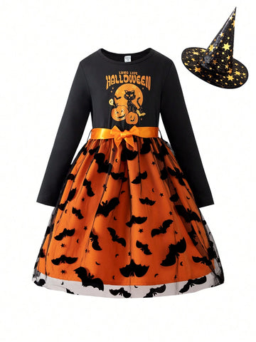 Girls Cartoon Print Contrast Mesh Panel Long Sleeve Casual Dress, Trendy Outfit For Spring & Autumn