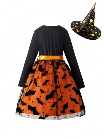 Girls Cartoon Print Contrast Mesh Panel Long Sleeve Casual Dress, Trendy Outfit For Spring & Autumn