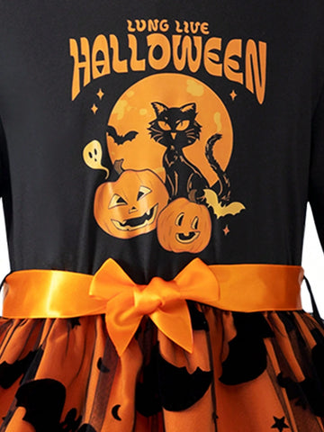 Girls Cartoon Print Contrast Mesh Panel Long Sleeve Casual Dress, Trendy Outfit For Spring & Autumn