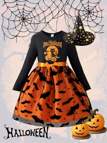 Girls Cartoon Print Contrast Mesh Panel Long Sleeve Casual Dress, Trendy Outfit For Spring & Autumn