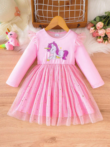 Girls' Cartoon Print Long Sleeve Bishop Sleeve A-Line Mesh Dress, Spring Autumn