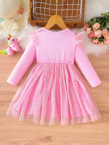 Girls' Cartoon Print Long Sleeve Bishop Sleeve A-Line Mesh Dress, Spring Autumn