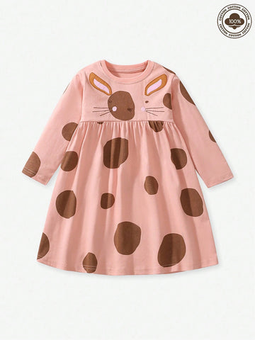Girls Cartoon Print Long Sleeve Dress, Autumn