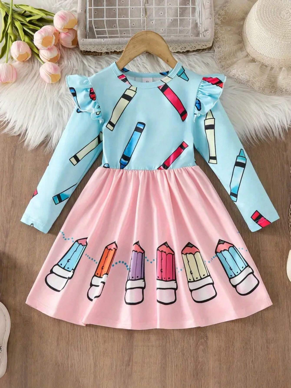 Girls Cartoon Print Long Sleeve Round Neck Casual Princess Dress, Spring Autumn, Toddler & Little Young Girl