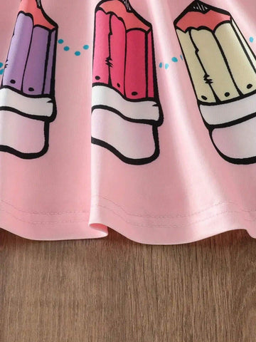 Girls Cartoon Print Long Sleeve Round Neck Casual Princess Dress, Spring Autumn, Toddler & Little Young Girl