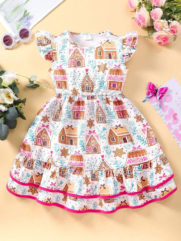 Girls' Cartoon Printed Flying Sleeve Casual Summer Dress
