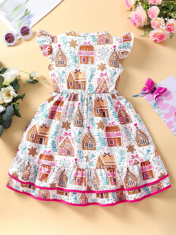 Girls' Cartoon Printed Flying Sleeve Casual Summer Dress