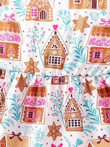 Girls' Cartoon Printed Flying Sleeve Casual Summer Dress