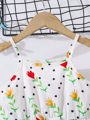Girls Cartoon Printed Strap Dress, Cute & Fun Beach Vacation Sundress For Young Girl, Colorful Graffiti Beach Dress For Spring/Summer Outings