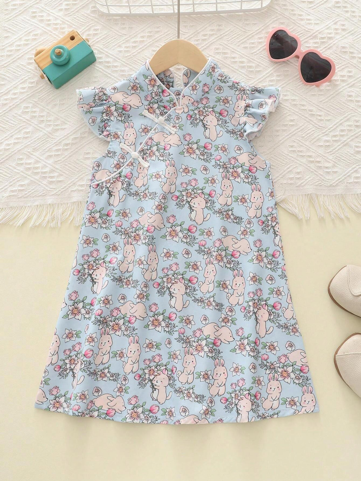 Girls Cartoon Rabbit Ruffled Sleeve Cheongsam Style Casual Chinese Dress, Summer