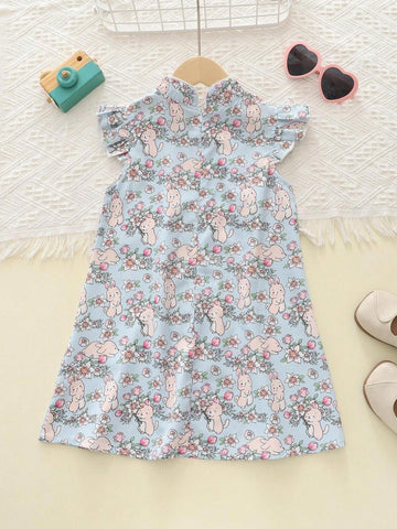 Girls Cartoon Rabbit Ruffled Sleeve Cheongsam Style Casual Chinese Dress, Summer