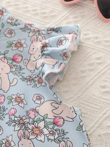 Girls Cartoon Rabbit Ruffled Sleeve Cheongsam Style Casual Chinese Dress, Summer