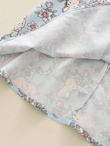 Girls Cartoon Rabbit Ruffled Sleeve Cheongsam Style Casual Chinese Dress, Summer