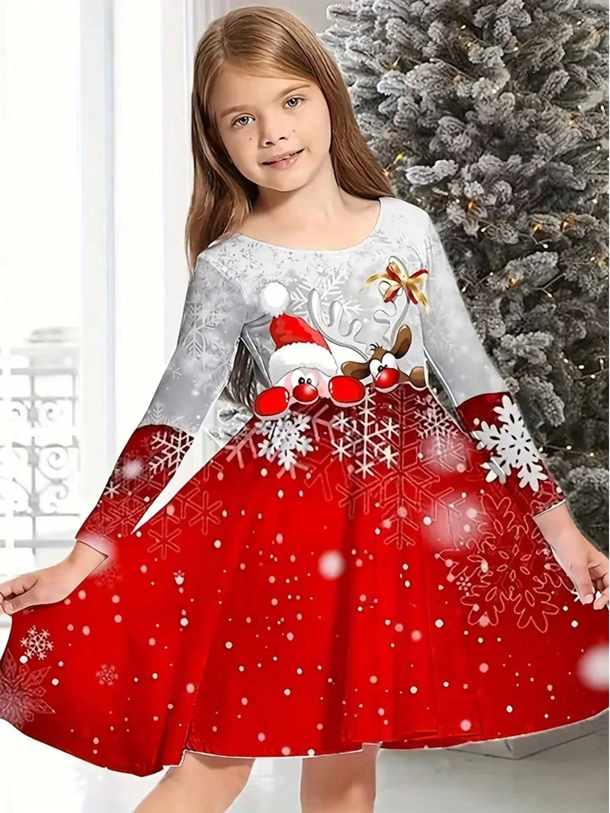 Girls Cartoon Reindeer Pattern Round Neck Dress, Children's Christmas & Halloween Gift