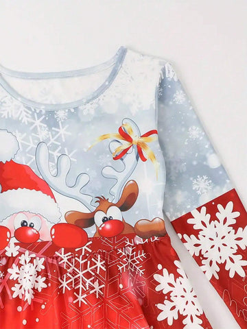 Girls Cartoon Reindeer Pattern Round Neck Dress, Children's Christmas & Halloween Gift