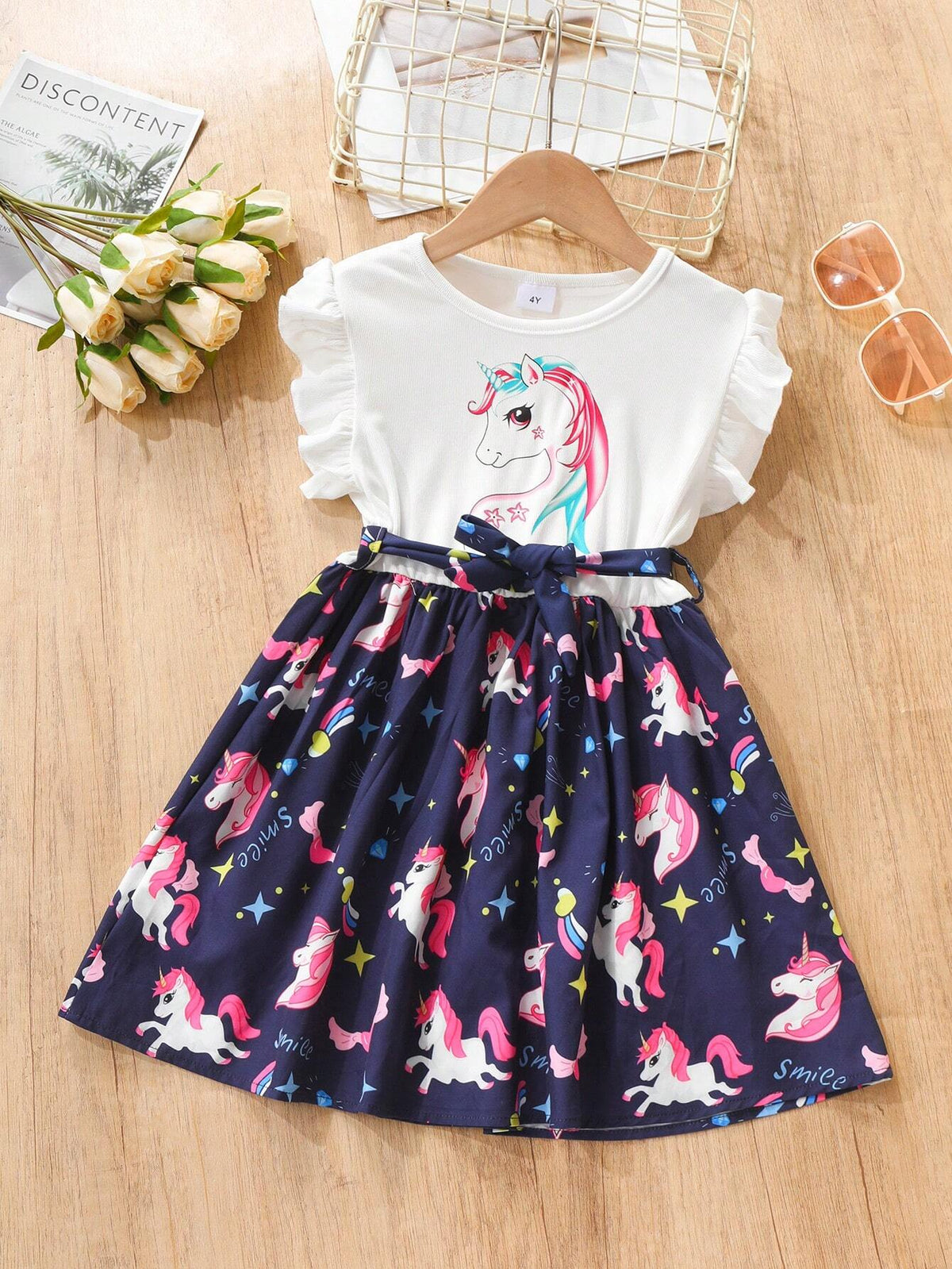 Girls' Cartoon Unicorn Printed Lotus Sleeve Dress, Summer Fashionable Casual Dress
