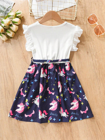 Girls' Cartoon Unicorn Printed Lotus Sleeve Dress, Summer Fashionable Casual Dress