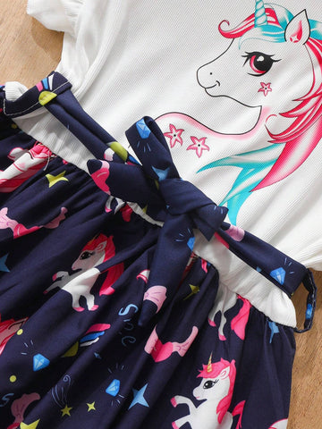 Girls' Cartoon Unicorn Printed Lotus Sleeve Dress, Summer Fashionable Casual Dress
