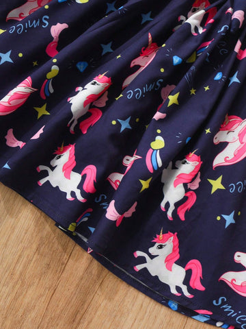 Girls' Cartoon Unicorn Printed Lotus Sleeve Dress, Summer Fashionable Casual Dress