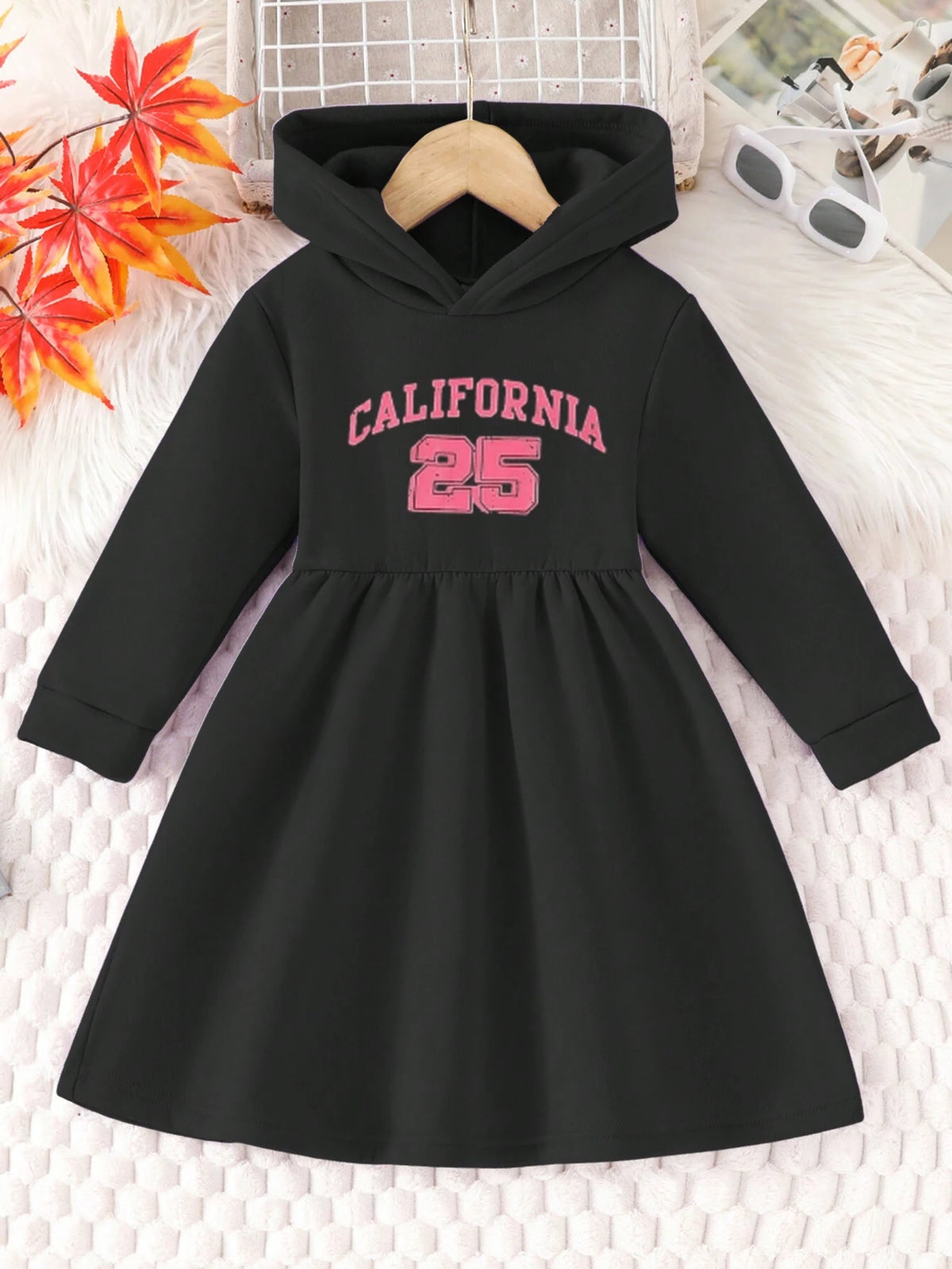 Girls Casual Athletic "CALIFORNIA" Printed Hooded Sweatshirt Dress With A-Line Flared Skirt