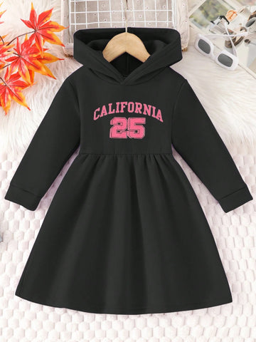 Girls Casual Athletic "CALIFORNIA" Printed Hooded Sweatshirt Dress With A-Line Flared Skirt