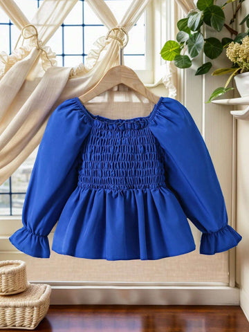 Girls Casual Blue Lantern Sleeve Blouse Atmosphere Fashionable Versatile Spring Autumn Wear