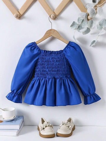 Girls Casual Blue Lantern Sleeve Blouse Atmosphere Fashionable Versatile Spring Autumn Wear
