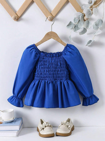 Girls Casual Blue Lantern Sleeve Blouse Atmosphere Fashionable Versatile Spring Autumn Wear